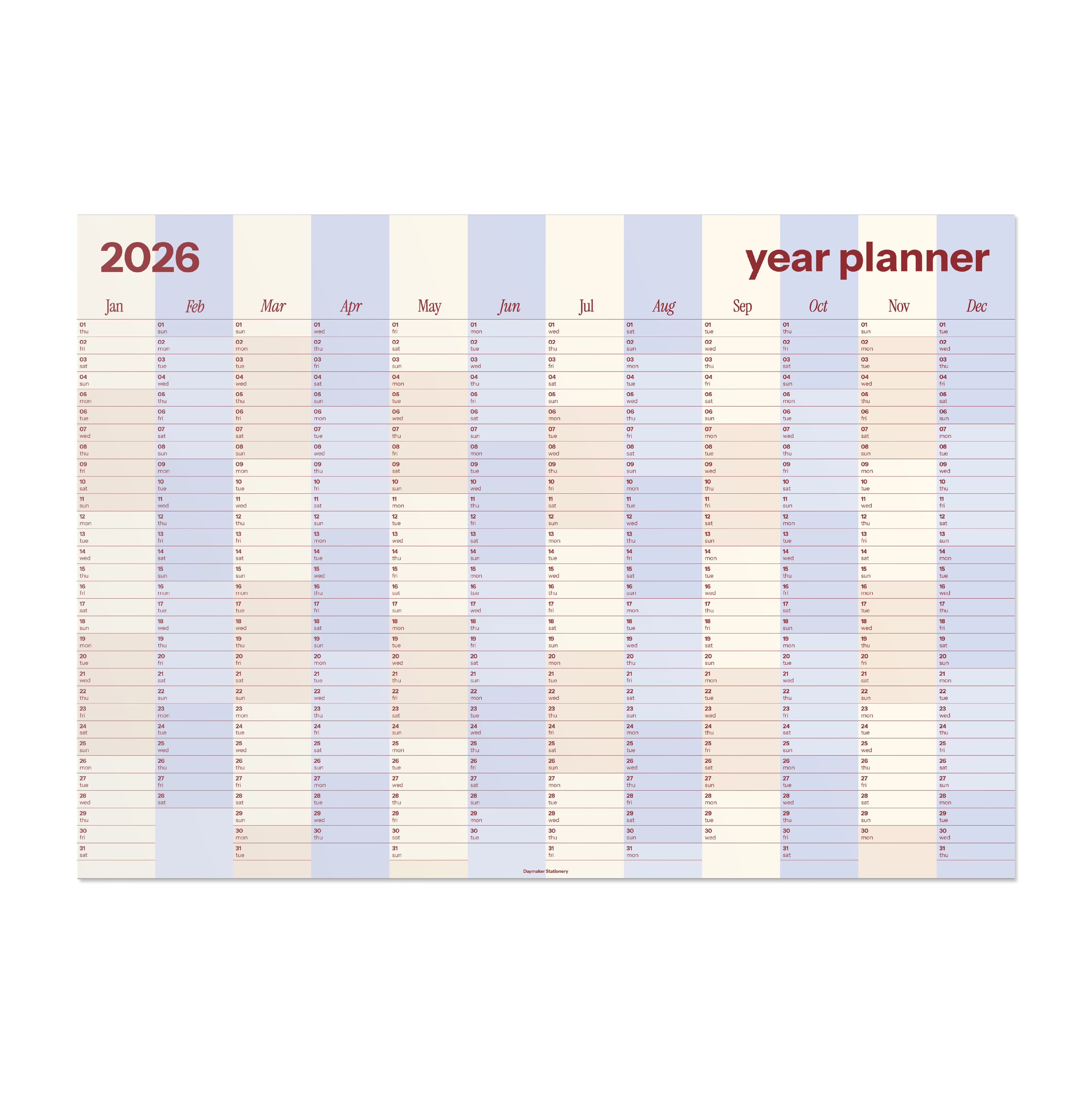 2026 Horizontal Year Planner 'Blue Stripe'