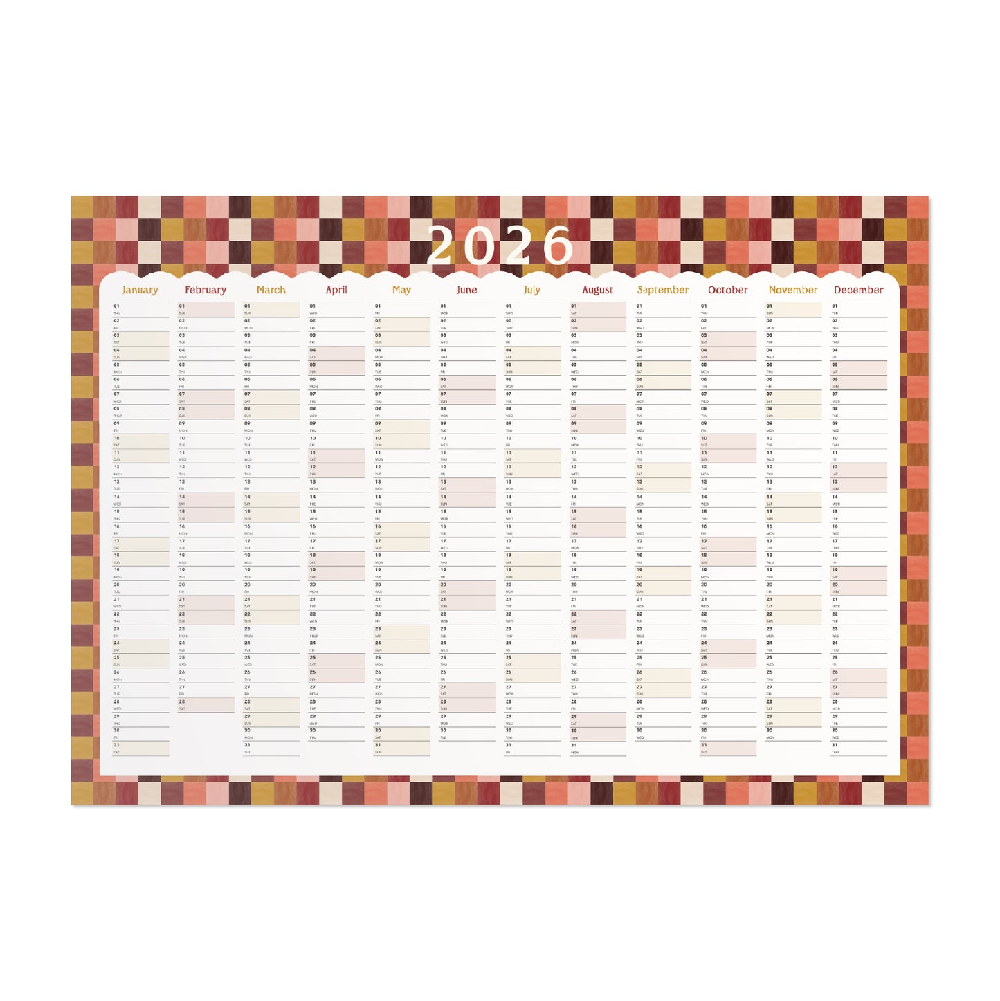 Printable 2026 Wall Planner 'Tuscan Check' (Instant Download)