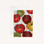 Blank Australian made greeting card featuring hand painted oil pastel illustrations of heirloom tomatoes with a white envelope.