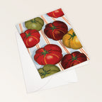 Australian made greeting card featuring hand painted oil pastel illustrations of heirloom tomatoes with a white envelope.