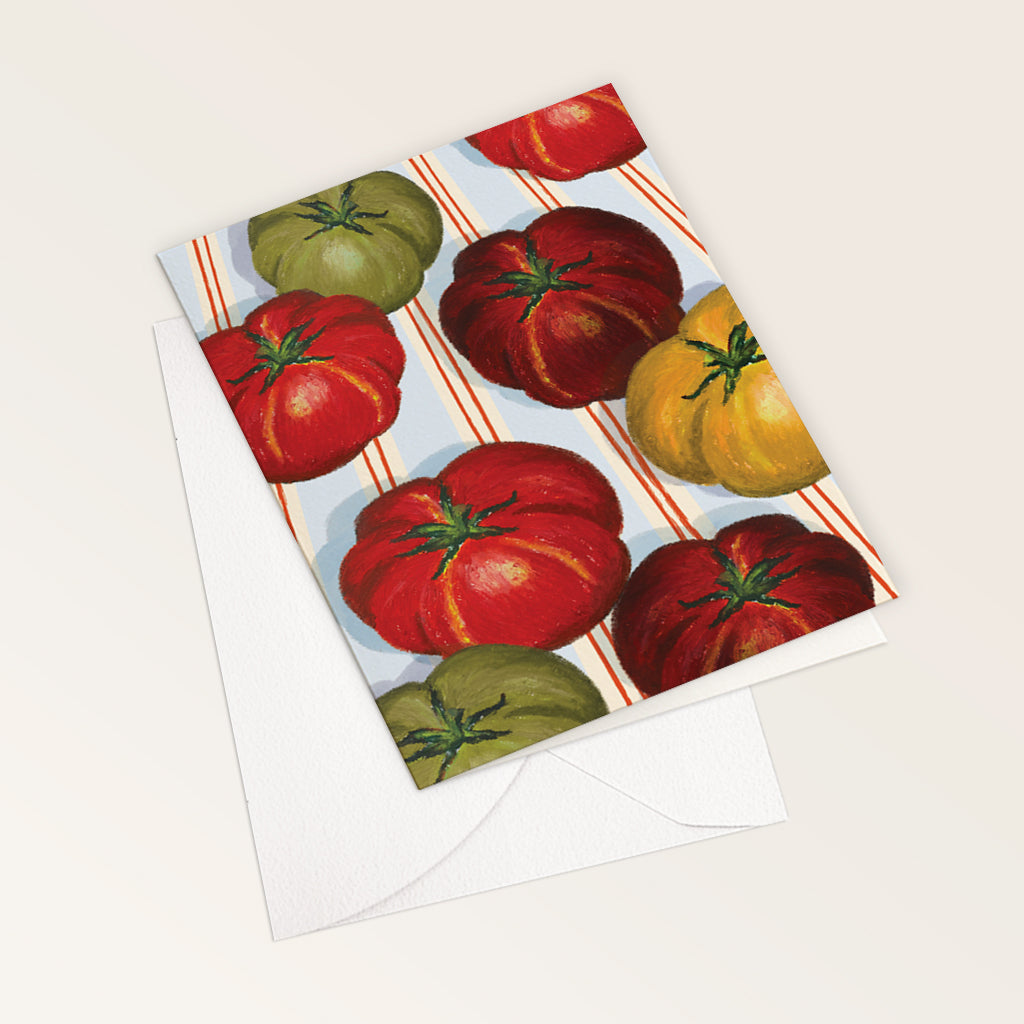 Australian made greeting card featuring hand painted oil pastel illustrations of heirloom tomatoes with a white envelope.