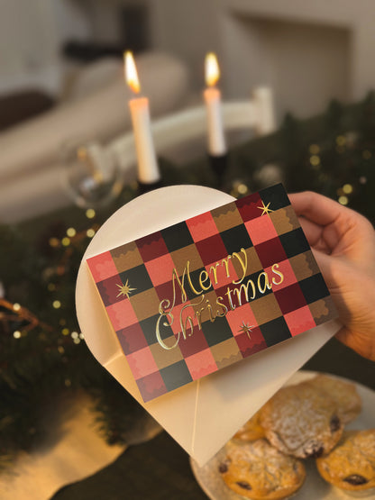 'Merry Christmas' Check Boxed Card Set (6pk) with Gold Foil