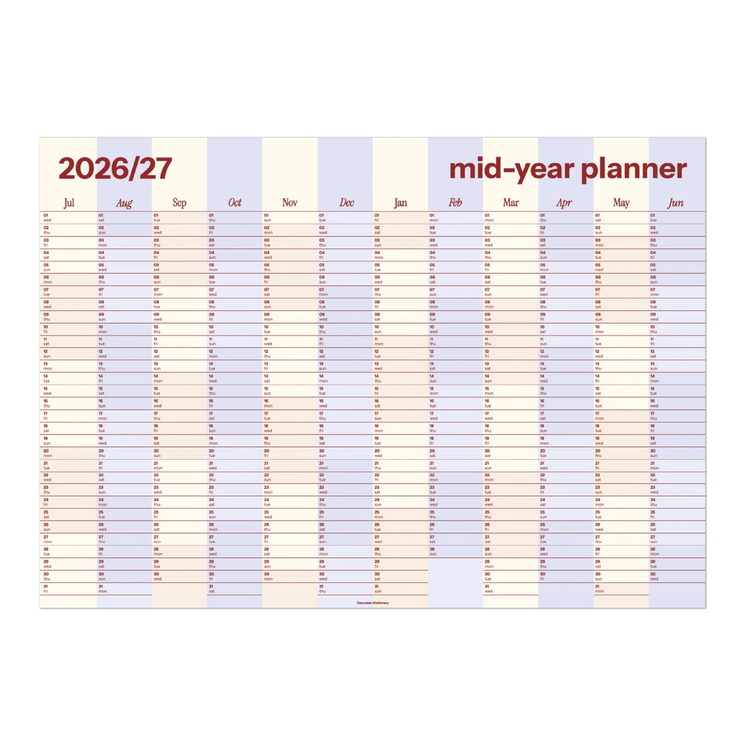 2026/27 Mid-Year Wall Planner 'Blue Stripe'