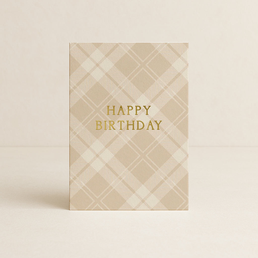 'Happy Birthday' Beige Tartan Greeting Card