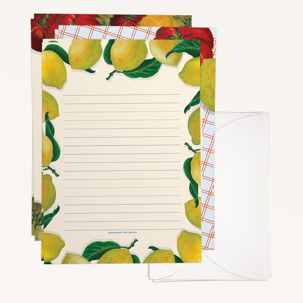 Mixed Pack of 'Fruits & Veg' Lined Letter Writing Stationery