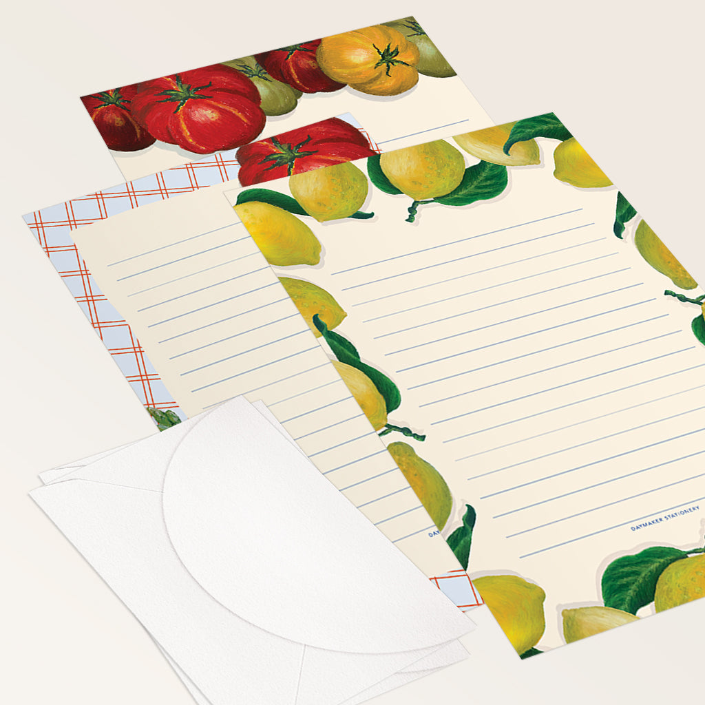 Mixed Pack of 'Fruits & Veg' Lined Letter Writing Stationery