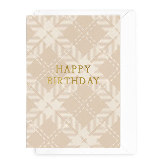 'Happy Birthday' Beige Tartan Greeting Card